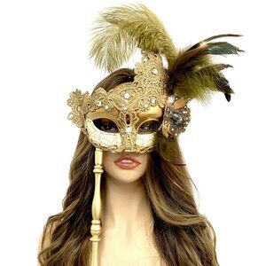 Women Costume Venetian mask Feather Masquerade Party Masks With Stick